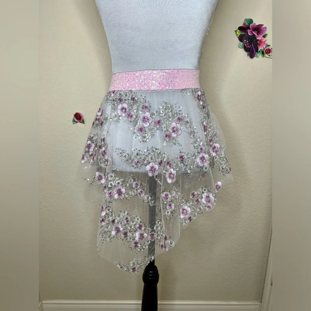 Curtain Call Silver/Gray with Floral Embroidery with Sheer Overskirt Sz Child L